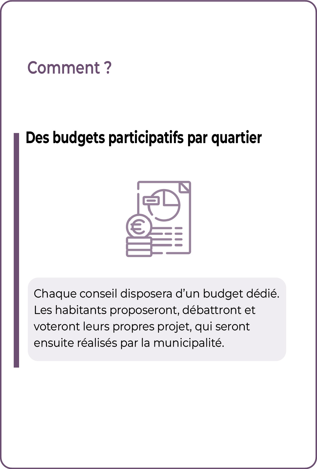 Chaque conseil disposera d'un budget dédié. Les habitants proposeront, débattront et voteront leurs propres projet, qui seront ensuite réalisés par la municipalité.